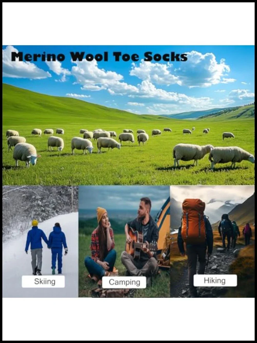 Merino Wool Hiking Toe Socks, Thermal Winter Crew Boot Socks, Moisture Wicking,